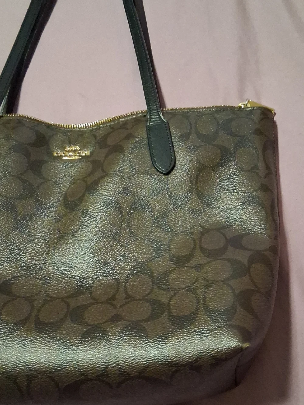 Coach Brown Signature Tote with Dark Green Handles - Picture 3 of 10